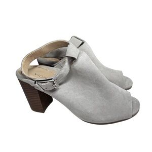 Vionic Kaia 8.5 Women's Chic Gray Block Heel Sandals suede peep toe neutral